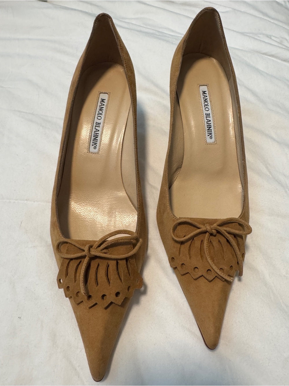 Manolo Blahnik Camel/Tan Suede Pointed-Toe Pumps with Fringe Bow